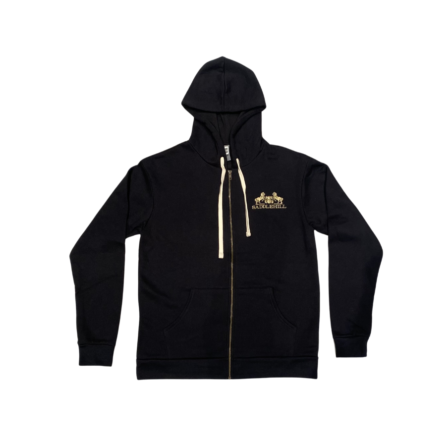 Black zip up hoodie with gold saddlehill logo embroidered