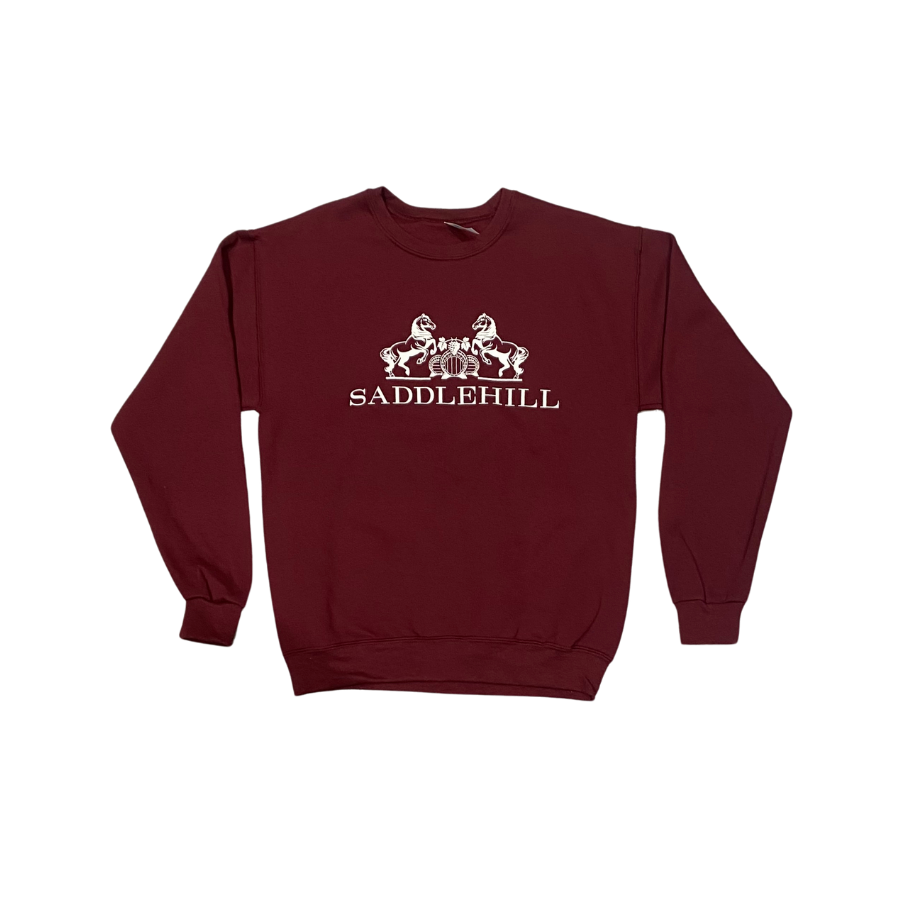Burgundy crewneck sweatshirt with saddlehill logo