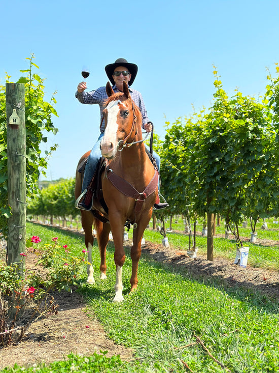 Bill Green riding horse in the vineyard with a glass of wine